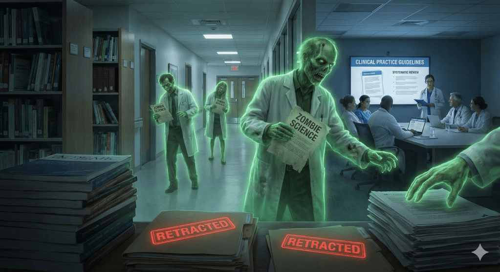 Ilustración de ciencia zombi: estudios retractados que se cuelan en revisiones sistemáticas